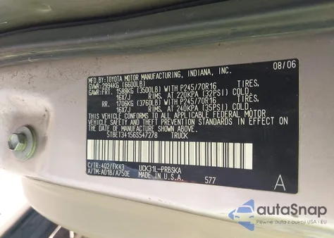 2006 Toyota Tundra Sr5 V8 z USA, uszkodzony, nr VIN 5TBET34156S547278